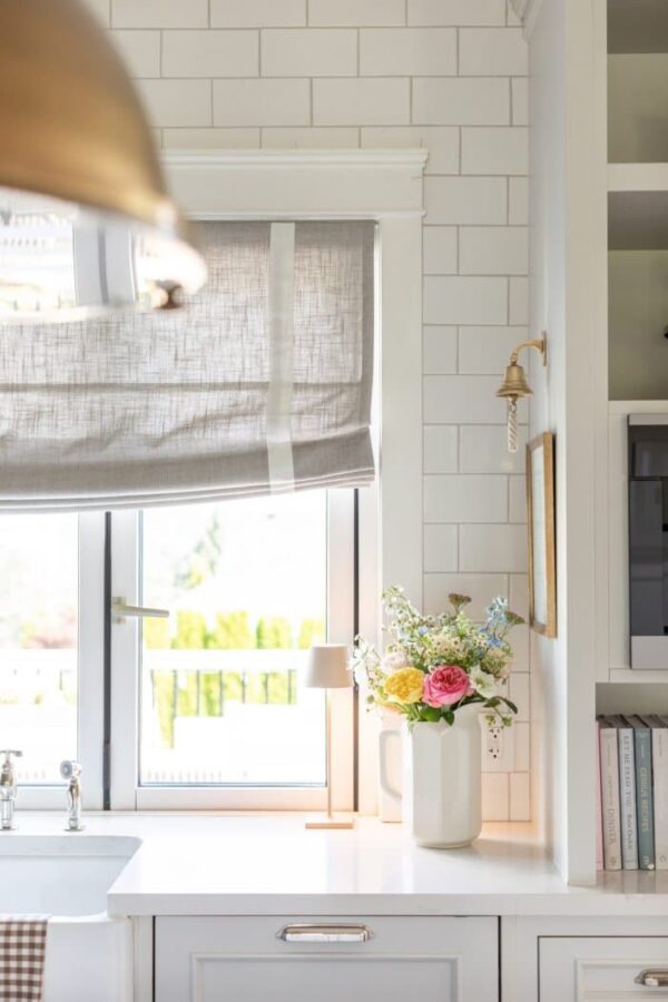 Cozy Linen Roman Shade closed, with white ribbon inset